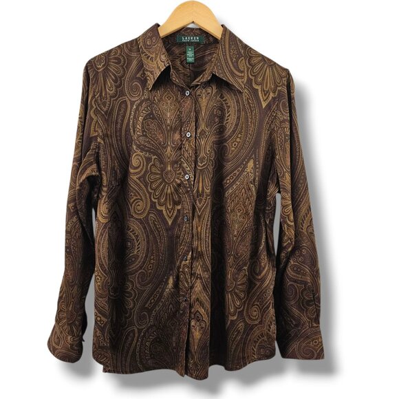 Ralph Lauren Button Down Shirt Womens 1X Paisley 100% Cotton Brown Tan Old Money - Picture 1 of 10